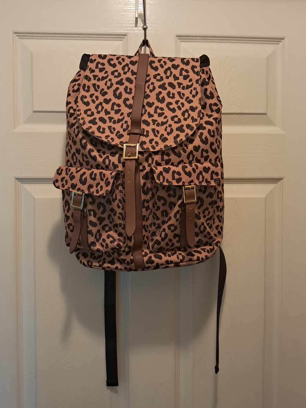 Leopard Print Backpack with Brown Trim Front Pockets‎ With Adjustable Straps